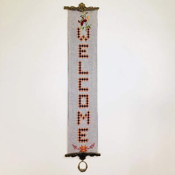 Hardanger WELCOME Bell Pull Hand Embroidered Butterfly Brass Hanger 31" - Picture 1 of 5